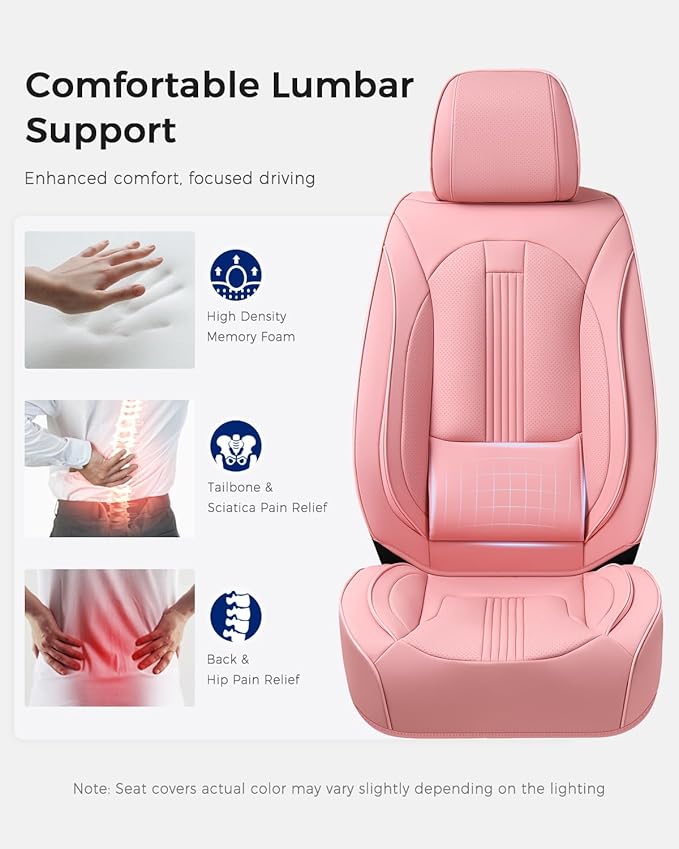 Huidasource Pink Front Seat Covers, Nappa Leather Front Car Seat Covers with Lumbar Support, Ventilation Holes, Elastic Fabric, Airbag, Full-Coverage Seat Covers, Fit for Most Cars SUV Trucks, Pink