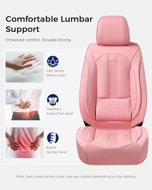Huidasource Pink Front Seat Covers, Nappa Leather Front Car Seat Covers with Lumbar Support, Ventilation Holes, Elastic Fabric, Airbag, Full-Coverage Seat Covers, Fit for Most Cars SUV Trucks, Pink
