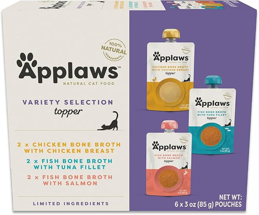 Applaws Natural Bone Broth Wet Cat Food Topper, Limited Ingredient Broth for Cats, Protein Wet Food Topper for Cats, Fish and Chicken Variety Pack(6 x 3oz Spout Pouches)