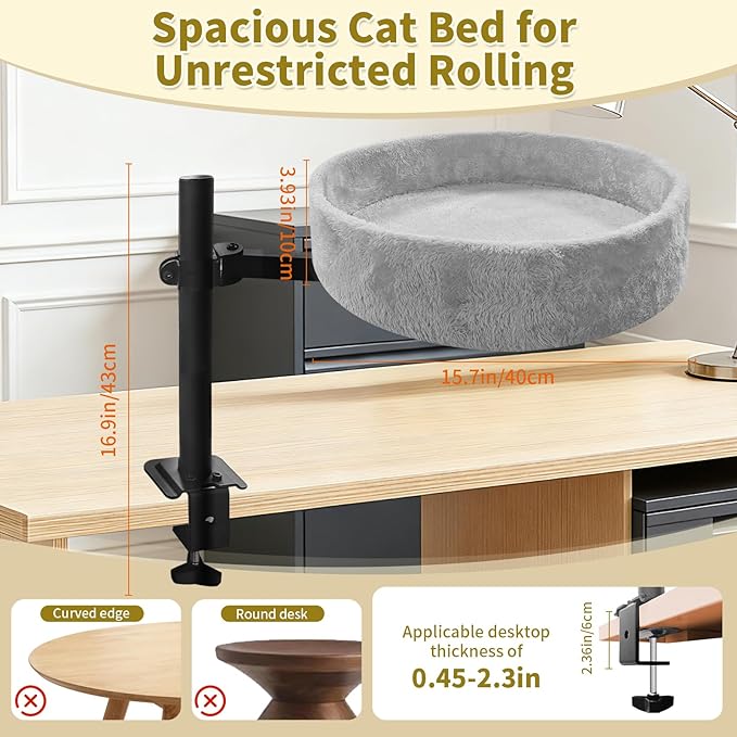 Cat Desk Bed,360° Rotating & Height Adjustable Desk Cat Bed,Space Saving Modern Indoor Cats Nest Furniture Cozy Faux Fur Pet Nest Perch Hammock for Various Desktops,15.7" L*15.7" W*16.9" H,Grey