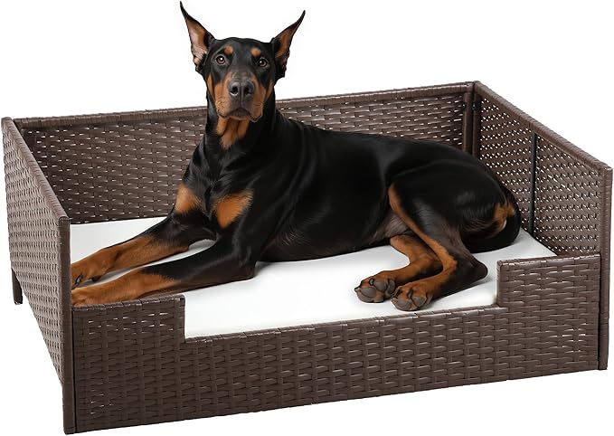 DWVO Rattan Dog House Outdoor Indoor with Cushion, Wicker Dog Sofa Bed for Small, Medium, and Large Dogs, 38.6''L*26.4''W*15''H, Beige