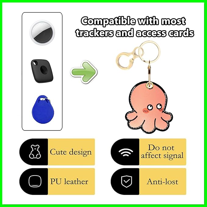 Leather Airtag Keychain Case Holder,Cute Protective Apple Air Tag Cover with Key Ring,Anti-Scratch Hidden Finder GPS Tracker Case for Wallet Keys,Bag,Pets,Backpack(Octopus)