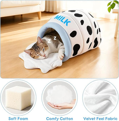 Milk Bottle Cat Cave Bed - Covered Cat Beds for Indoor Cats with Removable & Washable Cushion, Enclosed Kitten Puppy Hut, Cute Kitty Hideaway for Small Cats Dogs and Pet Breeds