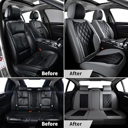 FLORICH Car Seat Covers Full Set, Leather Car Seat Protector, Waterproof Automotive Seat Cover with Anti-Slip Padded, Airbag Compatible, Universal Seat Covers Fit for Most Car - Gray&Black