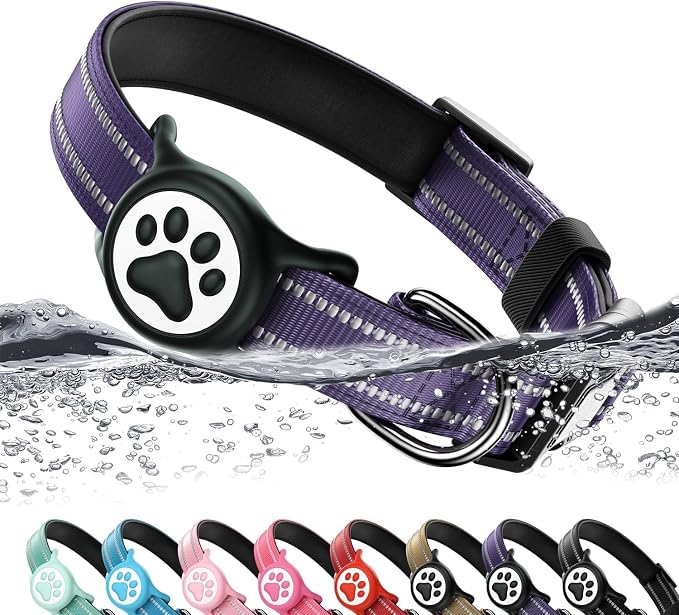 Airtag Dog Collar, Reflective Ultra-Durable Nylon Padded with QR Buckle & IP68 Waterproof Air Tag Holder Compatible for Apple AirTag, Comfortable for Small Medium Large Dogs (Purple,XL)