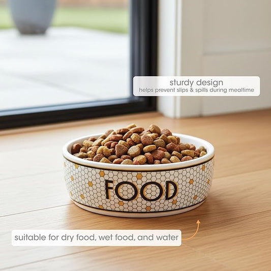 Pearhead Ceramic Dog Food Bowl – Bistro Tile Honeycomb with Gold Accents Stoneware Pet Food & Water Bowl for Small Dogs, Weighted Non-Plastic Feeding Dish, Small/Medium 2.25 Cups/ 18 oz