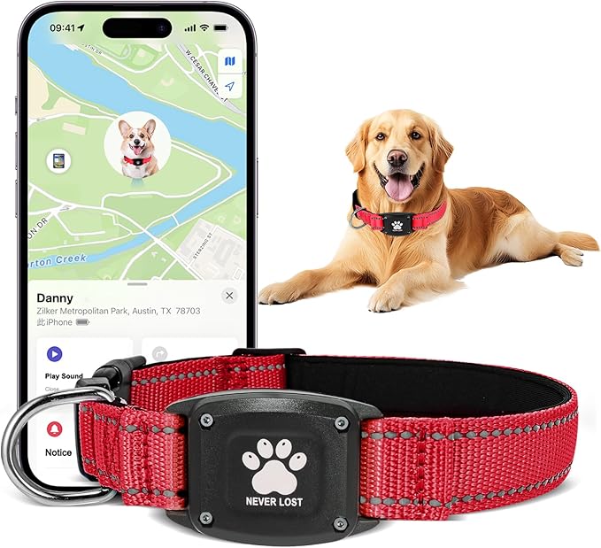 GPS Dog Collar Tracker 2-in-1,Reflective Waterproof Pet Collar,iOS-Only,No Monthly Fees,Unlimited Range,Ideal for Dog Tracking pet Tracker,for Small Medium Large Dogs(XS (10.6"-13.6"), Red)