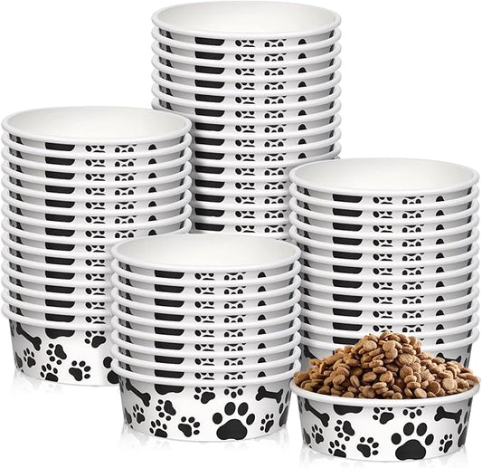 Whaline 50Pcs Pets Disposable Feeding Bowls 16 oz 2 Cup Black White Cute Design Paper Dog Cat Bowls Bulk Bone and Paw Pattern Pets Travel Bowl Serving Water Food Tray for Puppy Kitten Small Dogs Cats