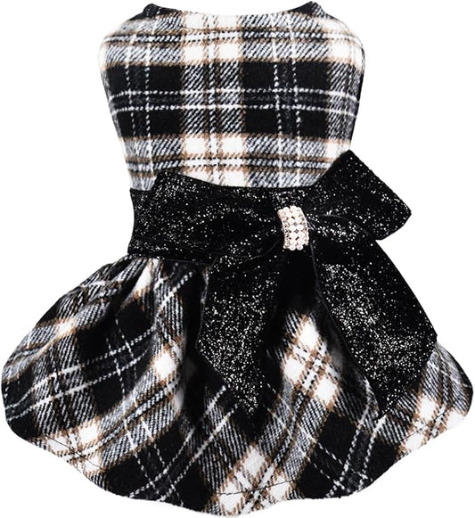 Yikeyo Dog Sweater Dress, Winter Plaid Dog Dress for Small Dogs Girl, Winter Warm Fleece Lining Female Small Dog Clothes, Pet Outfits Coat, Cat Apparel for Holiday, New Year, Valentine’s Day,XS,Black