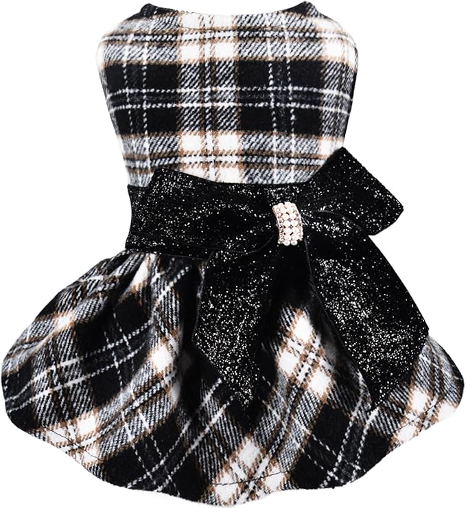 Yikeyo Dog Sweater Dress, Plaid Dog Dress for Small Medium Dogs Girl, Winter Warm Fleece Lining Female Small Dog Clothes, Pet Outfits Coat, Cat Apparel for Holiday,Christmas,Medium,Black