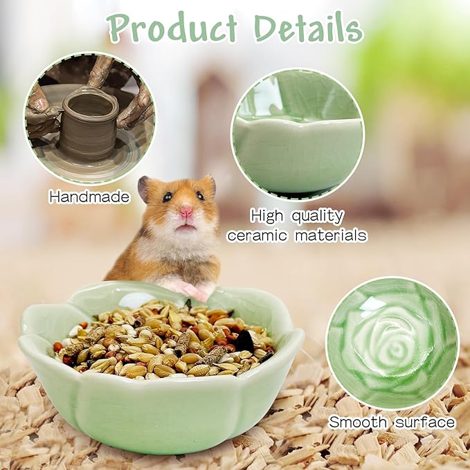 BNOSDM 2 Pcs Hamster Ceramic Food Bowl Flower Series Gerbil Drinking Bowls Anti-Turning Food & Water Dish for Dwarf Syrian Hamsters Gerbil Chinchilla（Green, Rose Pattern）