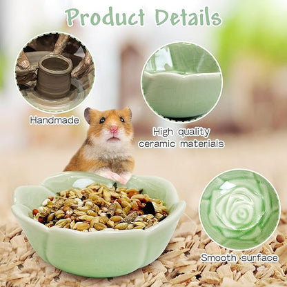 BNOSDM 2 Pcs Hamster Ceramic Food Bowl Flower Series Gerbil Drinking Bowls Anti-Turning Food & Water Dish for Dwarf Syrian Hamsters Gerbil Chinchilla（Green, Rose Pattern）