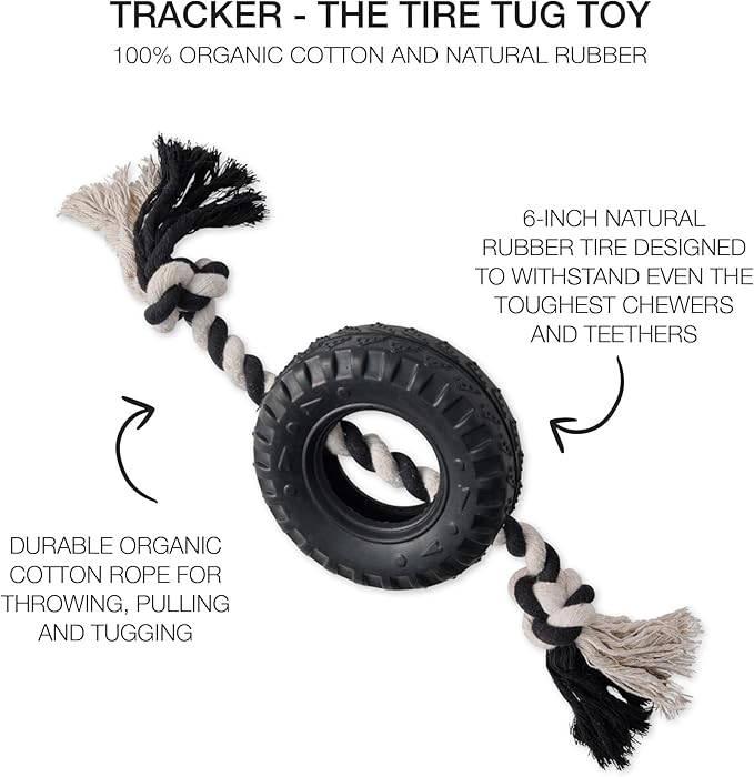 Pet Passion Natural Rubber Tire and Organic Cotton Rope Pull and Chew Dog Toy for All Pet Breeds, Black, Medium