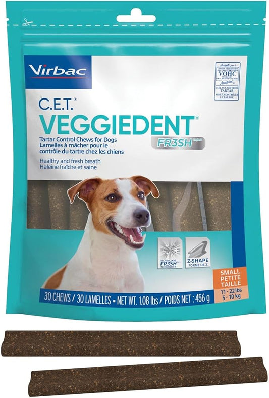 Virbac C.E.T.® VEGGIEDENT® FR3SH® Tartar Control Chews for Dogs with digestive health support, VOHC Approved, Small 11-22lbs