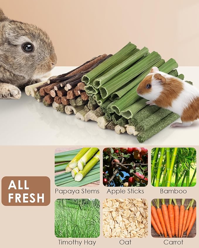 Bissap 54 PCS Rabbit Chew Sticks, Mix Natural Sweet Bamboo Timothy Hay Oat Carrot Chew Stick Apple Branch Bunny Chews for Rabbit Hamster Chinchilla Guinea Pig Small Pet Molar Treats