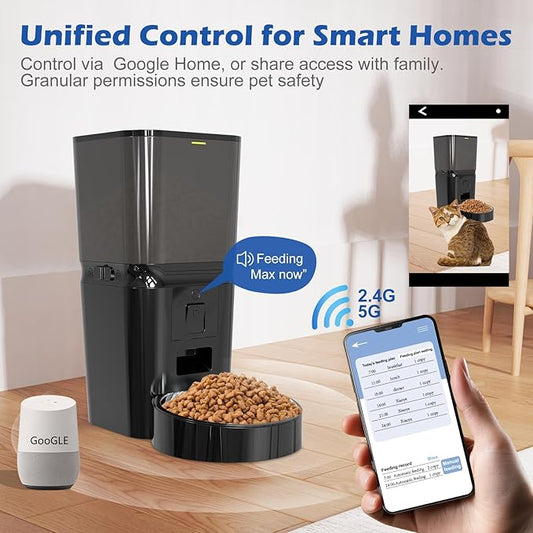 Automatic Cat & Dog Feeder with Camera, 6L WiFi Smart Pet Feeder, Anti-Jam, Dual Power, Remote Video & Two-Way Audio, Timed Feeding App Control for Multi-Cat Homes