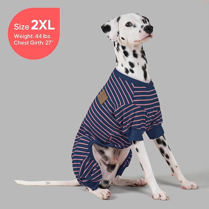 KYEESE Dog Pajamas, Striped Pet PJS Velvet Fleece Doggie Jammies, 4 Legs Outfit Soft Dog Pajamas, Cozy Pet Clothes Onesie, Comfortable PJS for Large Dogs,Navy Blue Striped,XXX-Large