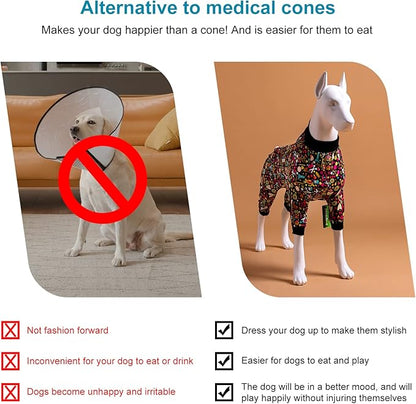 LovinPet Pet Pajamas for Pit Bulls, Full Coverage Dog Pjs with Black Trim, Decoupage Ink Print, Post Surgery Shirt, UV Protection, Pet Anxiety Relief Shirt, Large Dog Jammies, Pitbull Clothes, M