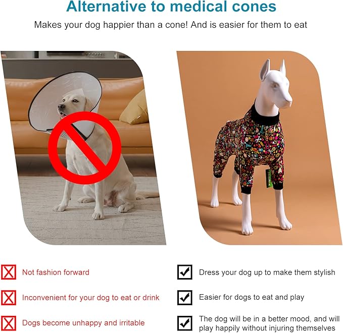 LovinPet Pet Pajamas for Pit Bulls, Full Coverage Dog Pjs with Black Trim, Decoupage Ink Print, Post Surgery Shirt, UV Protection, Pet Anxiety Relief Shirt, Large Dog Jammies, Pitbull Clothes, 2XL