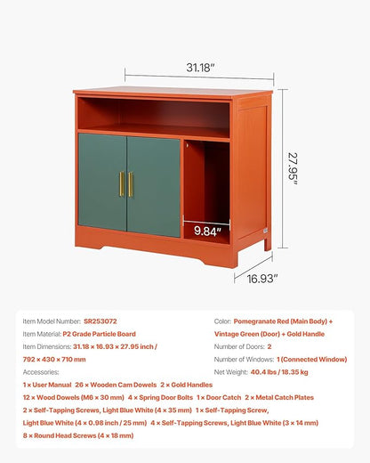 VEVOR Cat Litter Box Enclosure, 31 in Hidden Litter Box Cabinet with Shelf & Storage, Modern Style Indoor Cat Washroom, Wooden Kitty House Furniture End Table, Fit Most Litterboxes, Red & Green