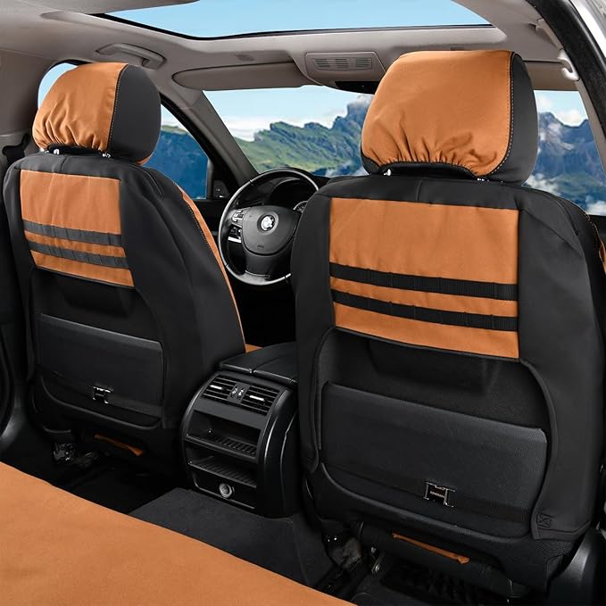 Coverado Car Seat Covers Front, Canvas Universal Seat Covers for Cars, 2-Pack Car Seat Cushions, Auto Seats Protectors for Kids & Dogs, Driver Seat Covers Fit for Most Vehicles Trucks SUVs/Khaki