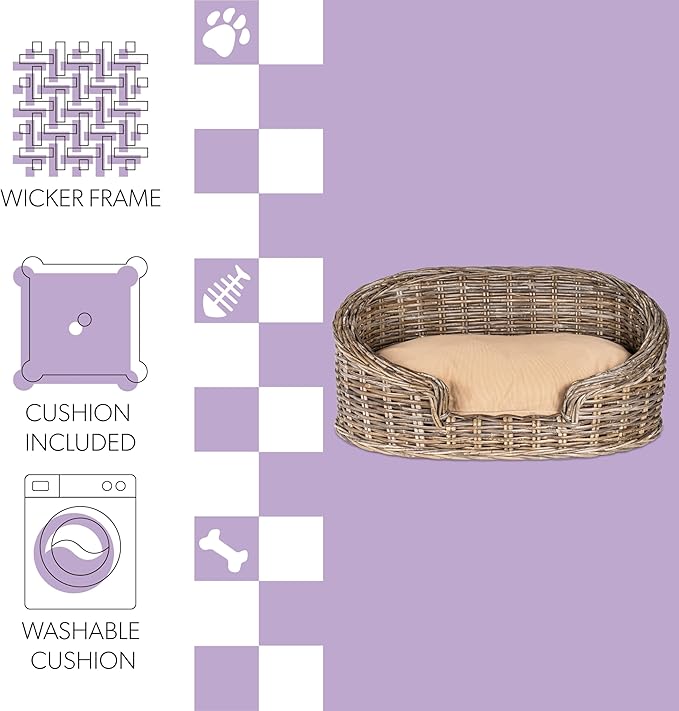 DBD1005A Elevated 27.5" x 17" Bohemian Handwoven Rattan Dog Daybed with Machine-Washable Cushion, Natural