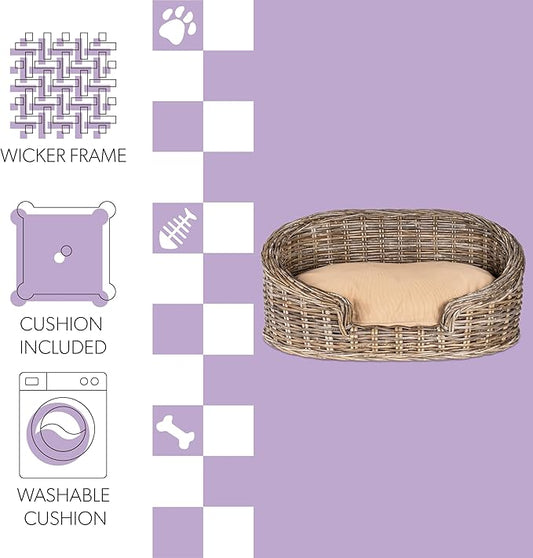 DBD1005A Elevated 27.5" x 17" Bohemian Handwoven Rattan Dog Daybed with Machine-Washable Cushion, Natural