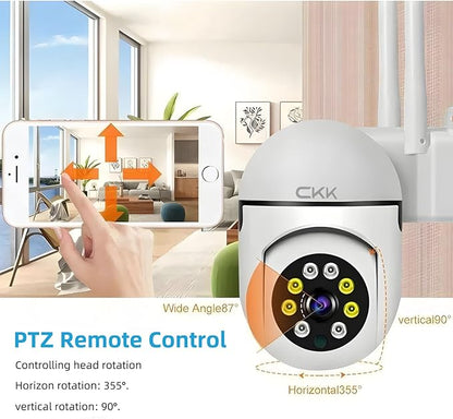 CKK 1080P Security Camera Outdoor Corded Power, 2 Pcs 2MP PTZ WiFi Home Camera (2.4G/5G Dual-Band), 360° Pan/Tilt, Color Night Vision, Motion Alerts, 2-Way Audio, Compatible with Alexa