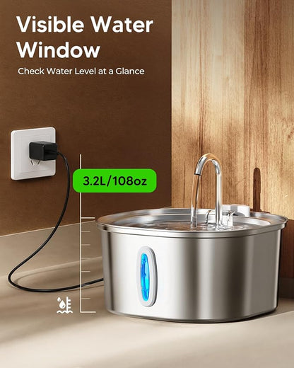 PEKTACO Cat Water Fountain, 3.2L/108oz Stainless Steel Pet Water Fountain | Cat drinking fountain, dishwasher safe, with triple filtration, quiet pump, and visible water window for cats and small pets
