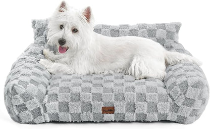 Made4Pets Cat and Dog Indoor Couch Bed, Soft Faux Fur Checkered Pet Sofa, Cozy Fluffy Pet Sofa with Supportive Foam, Removable Washable Cover with Non-Slip Base, Grey, Medium