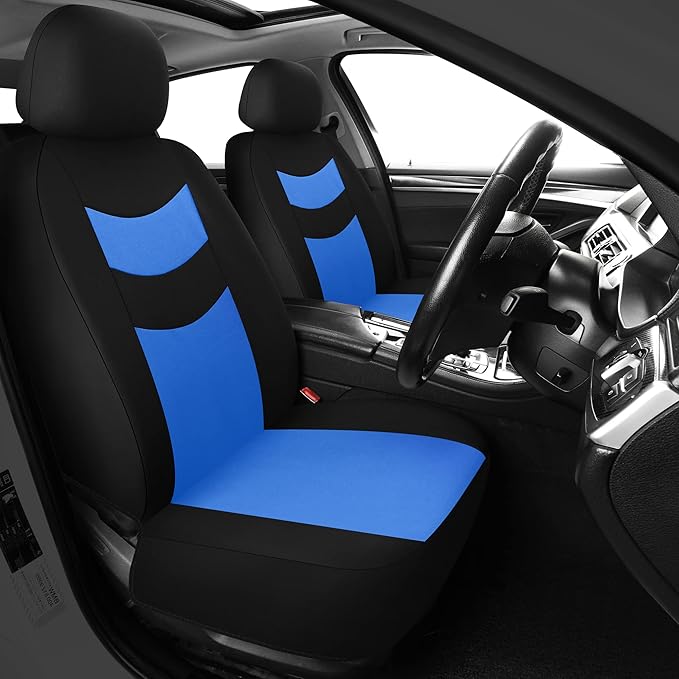 Universal Car Seat Covers for Front Seats, Cloth Front Car Seat Cover, Easy to Install, Breathable and Washable Universal Interior Covers for Auto, SUV, Sedan, Van, Airbag Compatible, Black & Blue