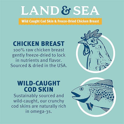 Icelandic+ Land & Sea Wild Caught Cod Skin & Freeze-Dried Chicken Breast -6.75oz Bag, Dog Treat & Food Topper, 2 Ingredient, No Preservatives, Natural