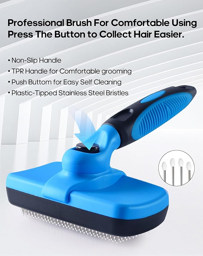 Self Cleaning Shedding Brush - Skin Friendly Grooming Tool for Dogs, Cats, and Puppies, Deshedding and Hair Removal for Long and Short Haired Pets (Blue)