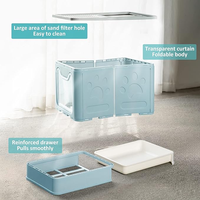 Panghuhu88 Foldable Cat Litter Box with Lid, Large Top Entry Cat Toilet, Enclosed Cats Potty with Litter Scoop, Drawer Type Easy Clean Cats Litter Pan(Blue)