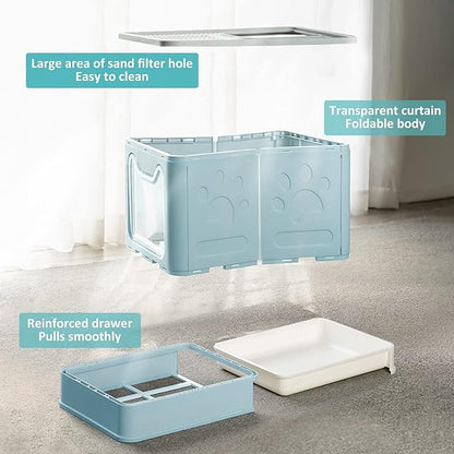 Panghuhu88 Foldable Cat Litter Box with Lid, Large Top Entry Cat Toilet, Enclosed Cats Potty with Litter Scoop, Drawer Type Easy Clean Cats Litter Pan(Blue)
