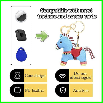 Leather Keychain Holder Case Compatible with AirTag,Cute Protective Cover with Keyring,Anti-Scratch Finder GPS Tracker Case for Wallet Keys,Bag,Pets,Backpack(Horse A)