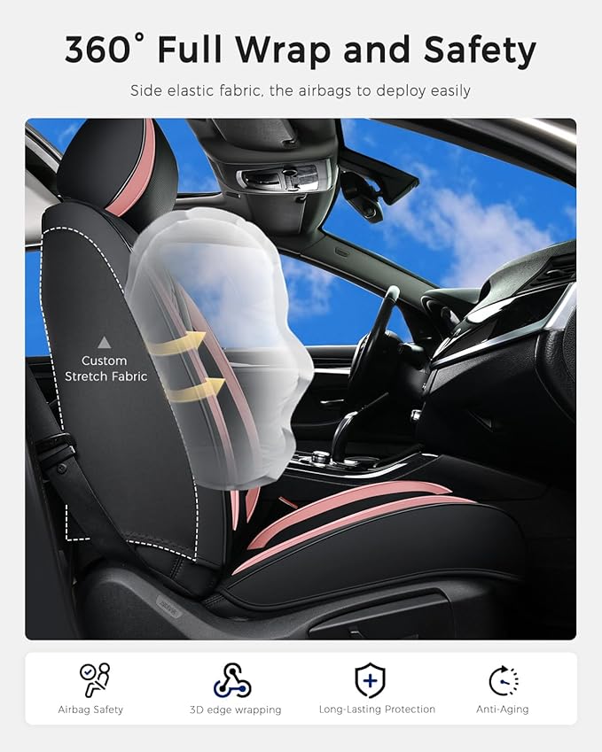 Huidasource Car Seat Cover, Seat Covers Nappa Leather with Lumbar Support, Side Elastic Fabric, Velcro Adjustable, Airbag, Ventilation Heating, Universal Fit for Most Cars SUV Trucks, Black＆Pink