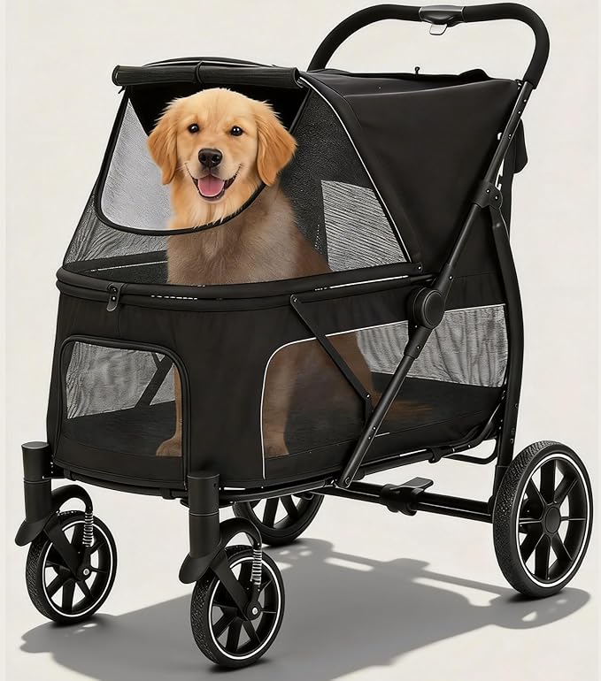 Large Dogs Stroller for Multiple Pets up to 100lbs, Ultra-Breathable Pet Stroller for Medium 2 Dogs，All-Terrain with& Mesh Dual-Window，1680D Waterproof Oxford Fiber (Black)