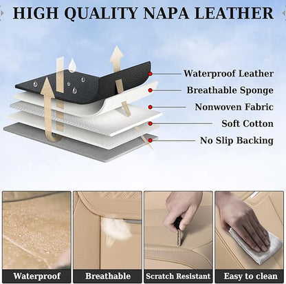 Coverado Car Seat Covers Full Set, Seat Covers Waterproof, Nappa Leather Seat Covers for Cars, Front and Back Car Seat Protector, Breathable Seat Cushion, Seat Cover Universal Fit Most Cars(Beige)