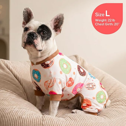 KYEESE Dog Pajamas, Soft Dog Pajamas for Small Dogs Boy Girl, Stretchy Dogs Pjs Velvet Pet Jumpsuit Sleepwear, Comfy Jammies Lightweight Pet Onesie Outfit, Donut, L