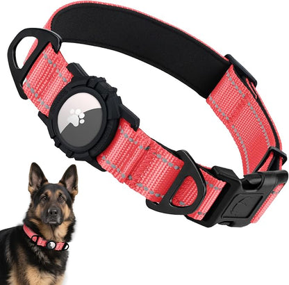 Taglory AirTag Dog Collar with Waterproof Holder for Large Dogs, Baby Pink | Reflective for Night Walks & Low-Light Safety, Track Your Pup Peace of Mind, Adjustable Soft Padded, No More Dangling Tags XL