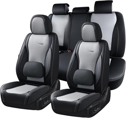 Coverado Car Seat Covers Full Set, Black Gray Seat Covers for Cars, Waterproof Nappa Leather Automotive Seat Covers with Lumbar Head Pillow, Car Seat Protectors, Universal Fit for Most Cars SUV