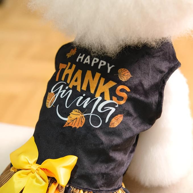 CuteBone Happy Thanksgiving Day Dog Fall Dress Costume Velvet for Small Dogs Girl Puppy Dresses Yellow Plaid Dog Clothes CVA03XXS-D