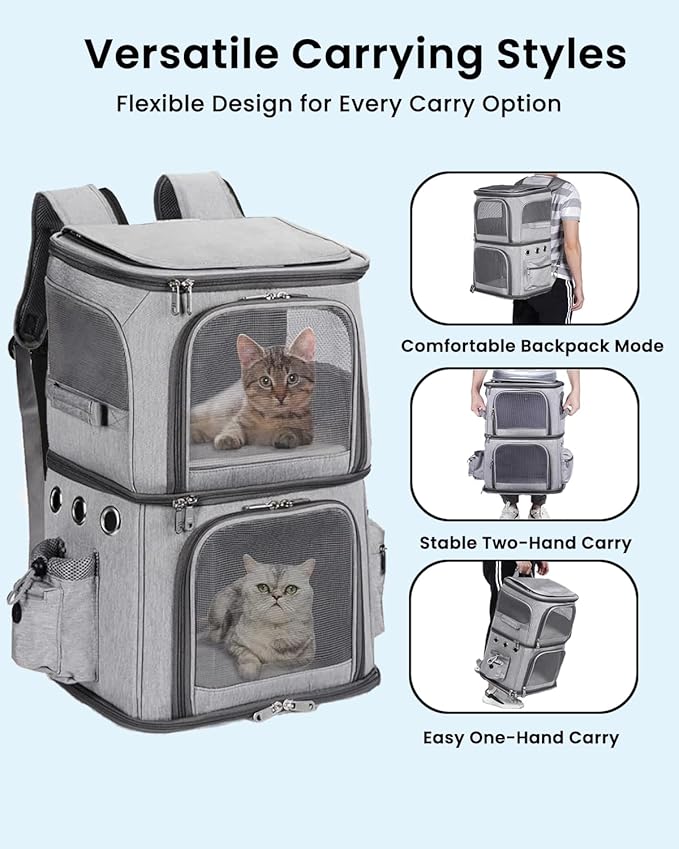 HOVONO Double-Compartment Pet Carrier Backpack for Small Cats and Dogs, Cat Travel Carrier for 2 Cats, Perfect for Traveling/Hiking/Camping, Grey, XL