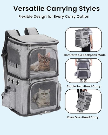 HOVONO Double-Compartment Pet Carrier Backpack for Small Cats and Dogs, Cat Travel Carrier for 2 Cats, Perfect for Traveling/Hiking/Camping, Grey, XL