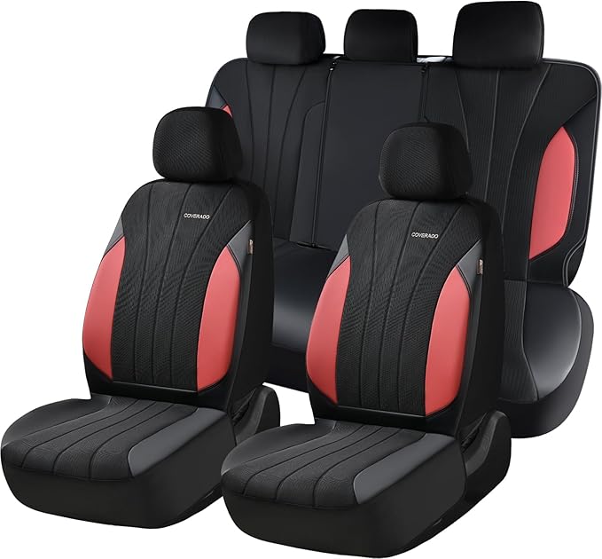 Coverado Car Seat Covers Full Set, Waterproof Automotive Seat Protectors 5 Seats, Red Driver Protectors Universal Fit for SUVs, Trucks, Sedans,Car Accessories