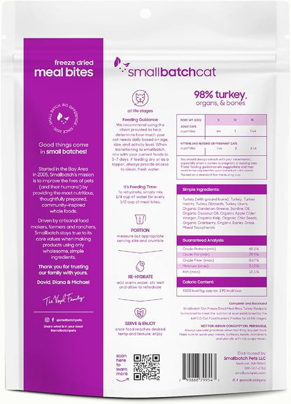 smallbatch Freeze-Dried Raw Cat Food, Shelf Stable Food Bites, Turkey Recipe, High Protein Meal or Topper for Cats, Humanely Raised Meat, Organic, Non-GMO Produce, Made in the USA, 10oz Bag