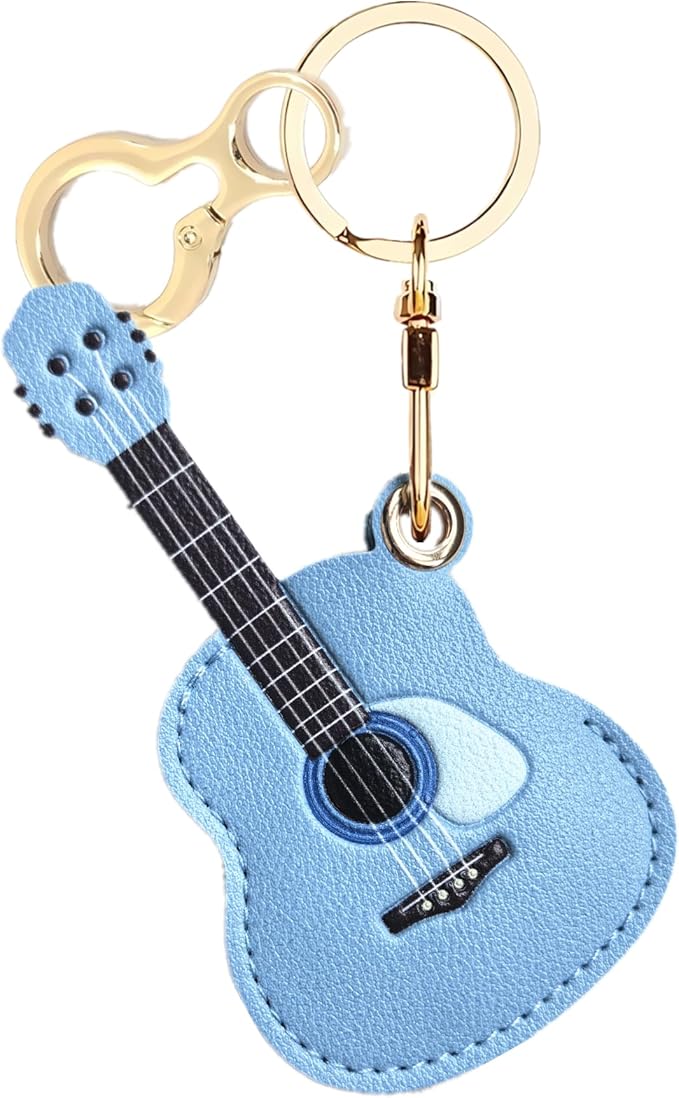 Leather Keychain Holder Case Compatible with AirTag,Cute Protective Cover with Keyring,Anti-Scratch Finder GPS Tracker Case for Wallet Keys,Bag,Pets,Backpack(Guitar Blue)