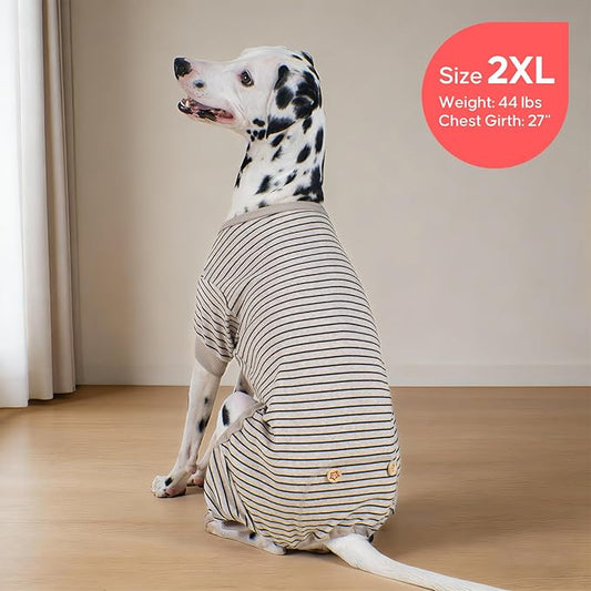 KYEESE Dog Pajamas Striped Clothes Pet PJS Lightweight Doggie Jammies 4 Legs Outfit Soft Dog Pajamas Cozy Pet Clothes Onesie Comfortable PJS Medium Dogs Doggie Onesie,Ivory Brown Striped, XX-Large