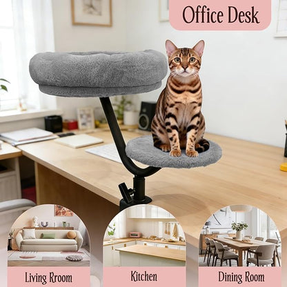 Cat Desk Bed, Desk Cat Bed Attachment for Indoor Cats, 360° Swivel Clamp-on Cats Perch with 40lbs Support, Sturdy Plush Resting Spot for Home Office,Gray